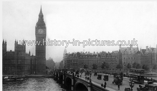 Westminster Bridge and Big Ben, London. c.1910.